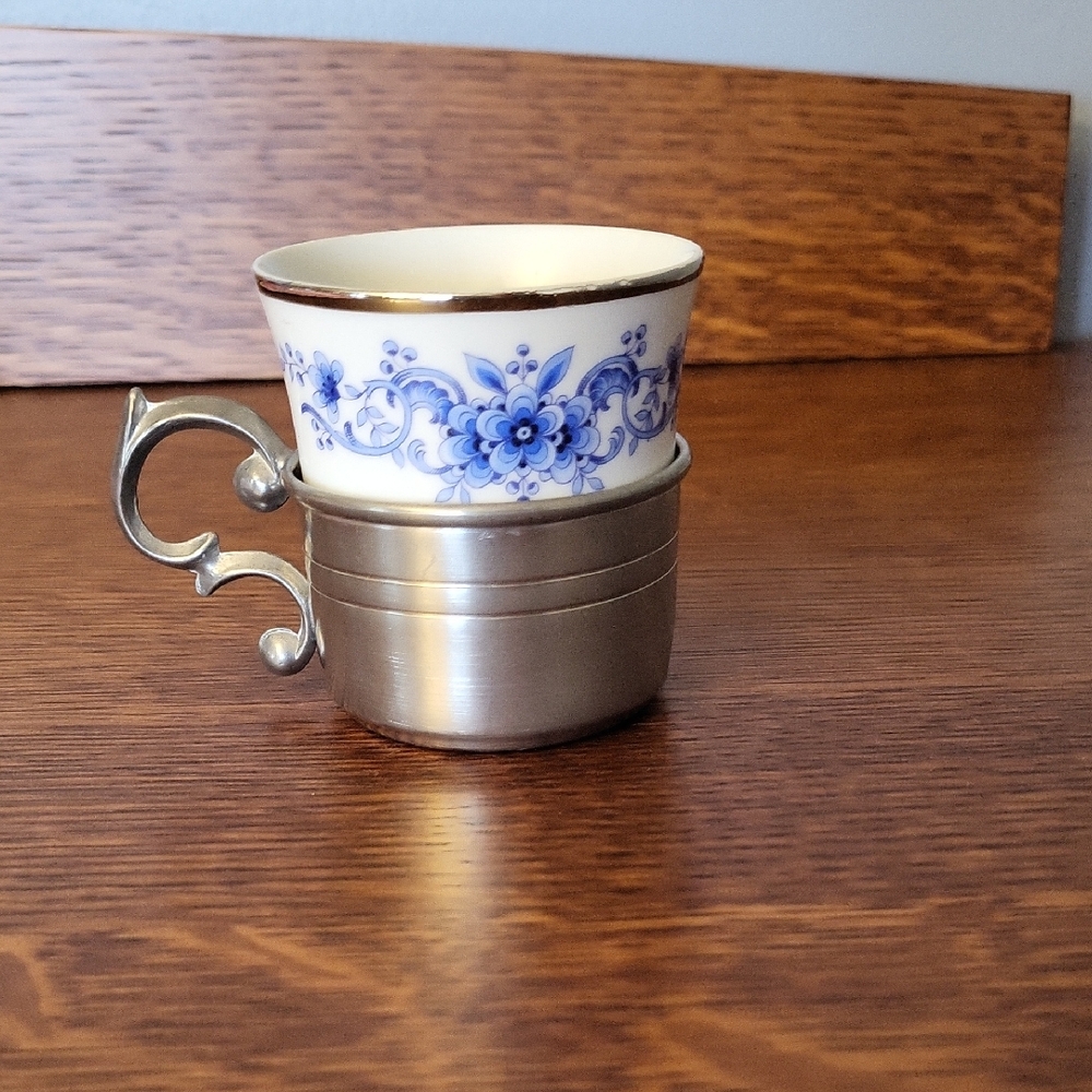 Blue Floral Porcelain Tea Cup with Silver Metal Holder By Bareuther Waldsassen
